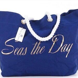 Trina Turk Seas the Day Beach Tote Bag NWT Blue/Gold Rope Handles
